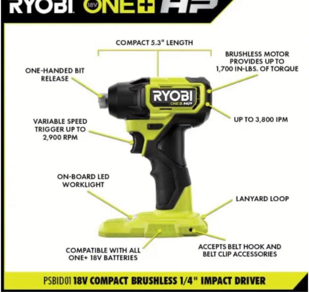 Ryobi PSBID01 Brushless impact driver, Furniture & Home Living, Home