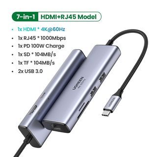 Ugreen 7 in 1 4K@60Hz USB C Thunderbolt to HDMI 100W PD, SD TF Card Reader USB 3.0 Rj45 Ethernet Hub