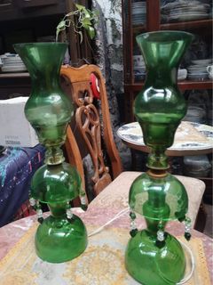 Vintage green glass lamps with hanging prisms