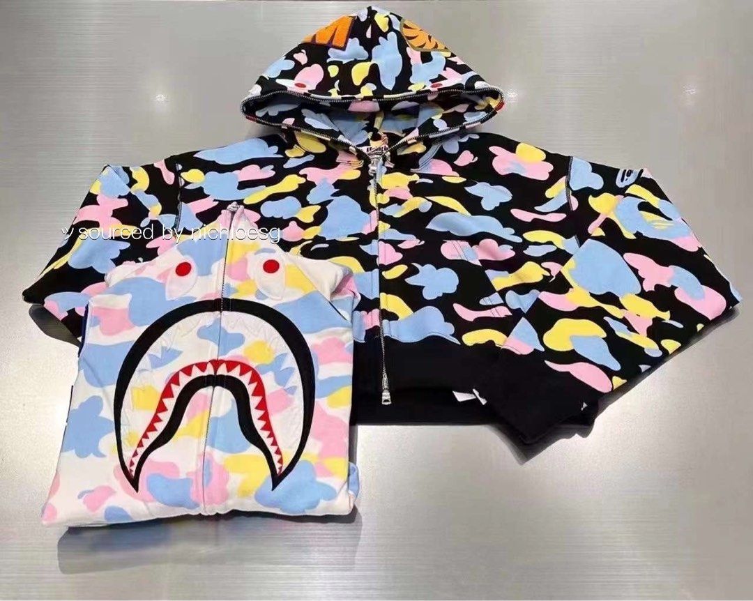 BAPE NEW MULTI CAMO CROPPED SHARK FULL ZIP HOODIE, Women's Fashion 