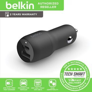 Belkin 37W Dual Port Fast Car Charger, USB Type C 25W PPS and USB A 12W Port for Galaxy S22, S21, Plus, Ultra, 5G, Note 20, iPhone 13, 12, 11, Pro, Max, Mini and More