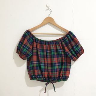 BERSHKA Holiday Plaid Print Off Shoulder Puff Sleeves Cropped Top #listmarch