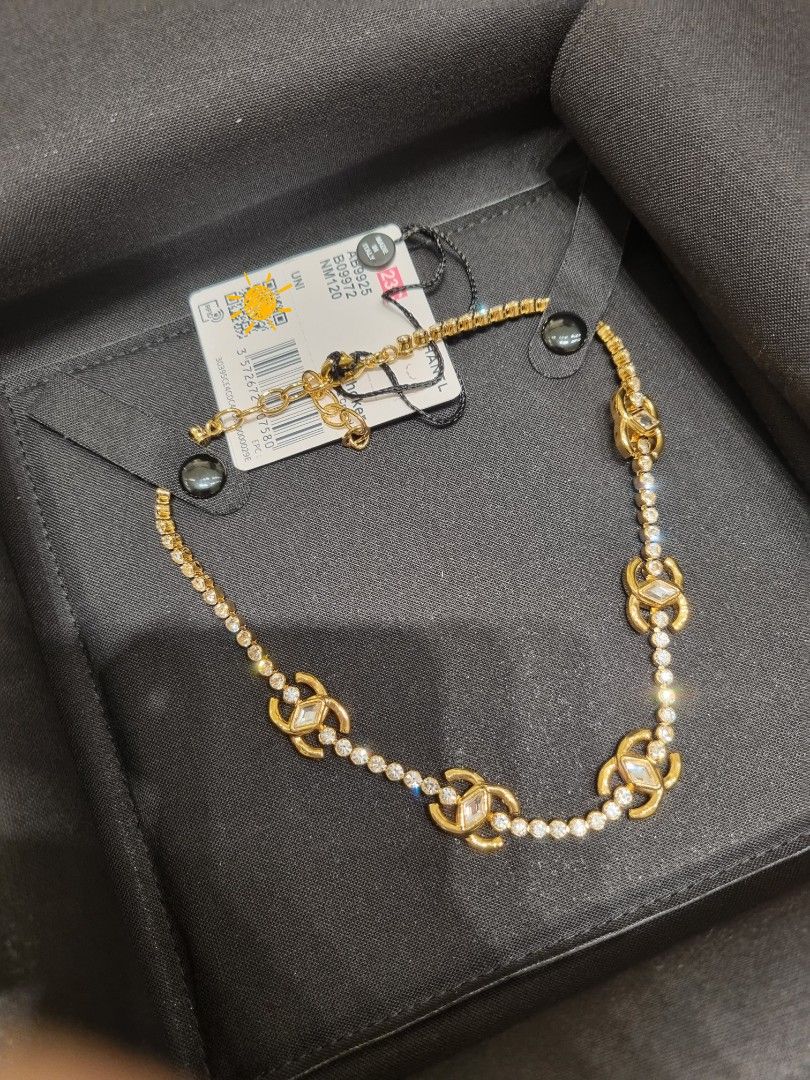 New Chanel Chain Link Crystal Gold Silver two tone choker necklace