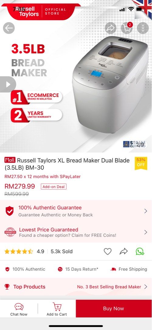 Bread maker Russel Taylors XL Dual Blade BM30, TV & Home Appliances