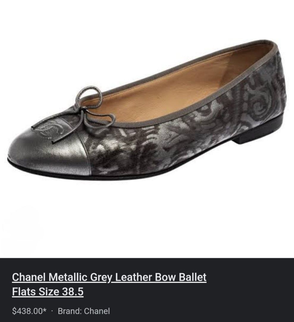 Rare!!!CHANEL Leather Metallic CC Cap Toe Ballet Flats Grey art