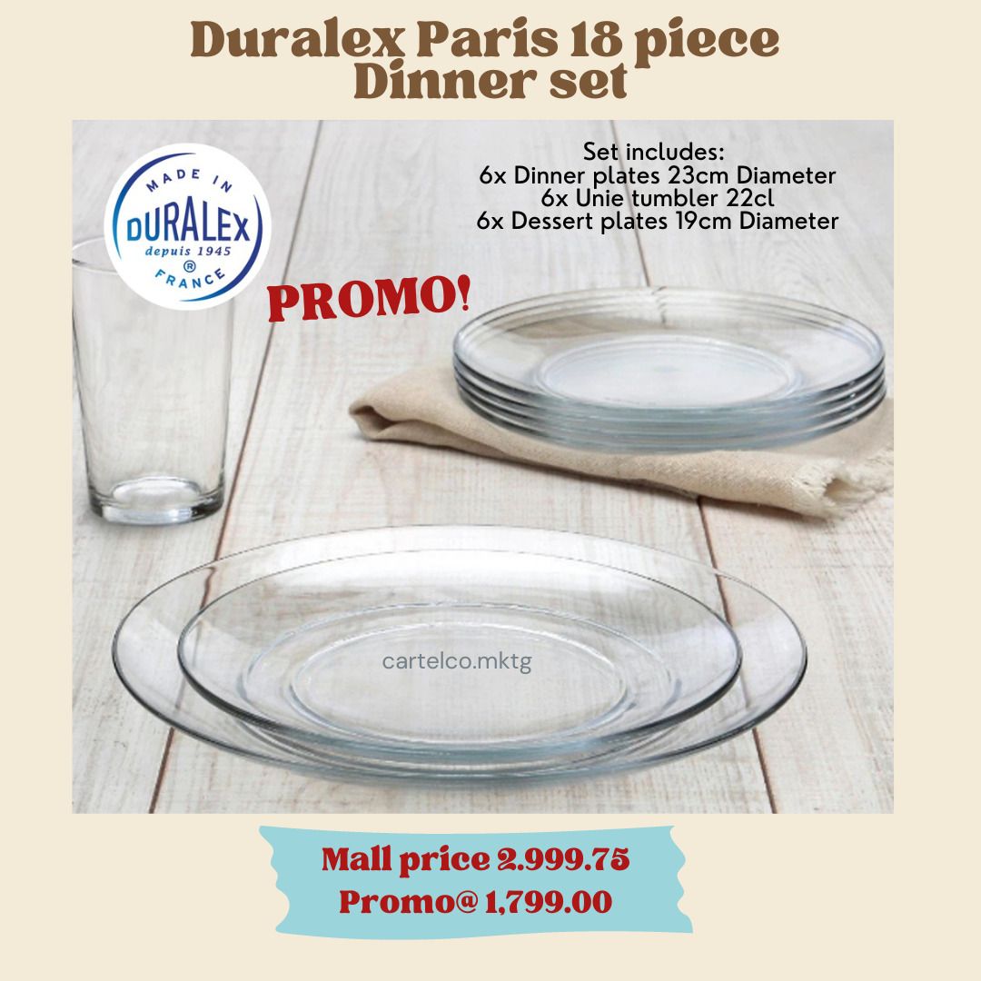 Duralex Paris 18 piece Dinner set (Category: Other Kitchenware & Tableware) located in Manila. Submitted by cartelcomnl (Listing ID 1218990565, Image 1). Description: Duralex Paris 18 piece Dinner set Set includes: 6x Dinner plates 23cm Diameter 6x Unie tumbler 22cl 6x Dessert plates 19cm Diameter .