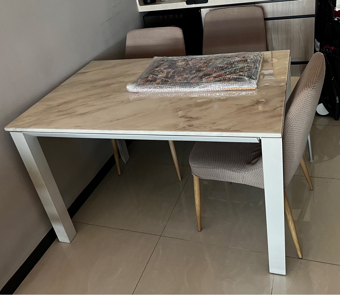 Extendable Quartz Dining Table + 4 Dining Chairs, Furniture & Home Living, Furniture, Tables