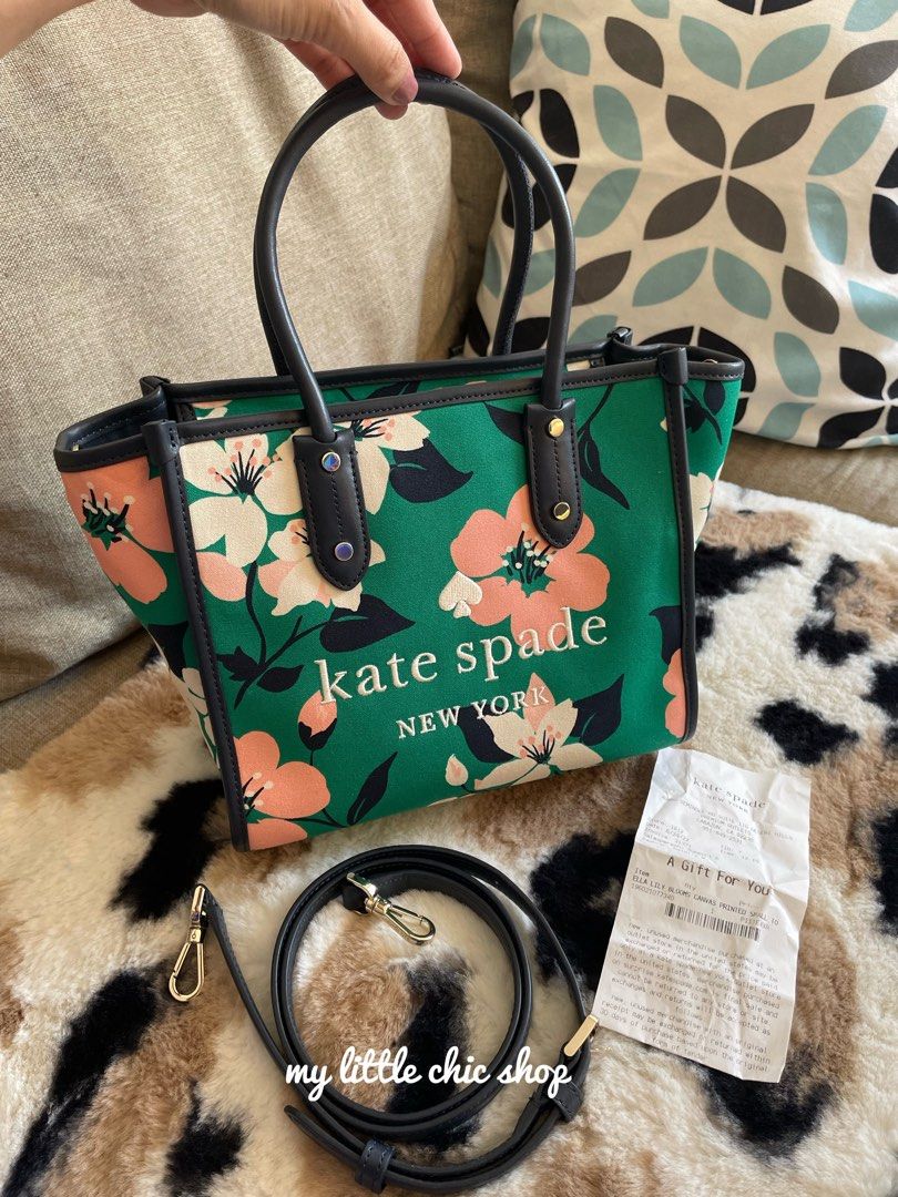 Kate Spade Ella Lily Blooms Floral Small Canvas Printed Crossbody Tote  Handbag