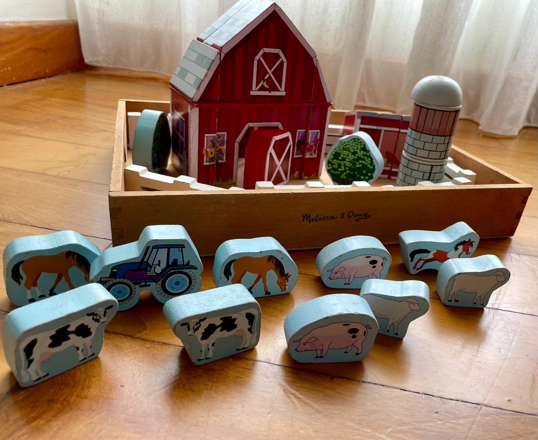 Melissa Doug Wooden Farm Blocks Playset Hobbies Toys Toys