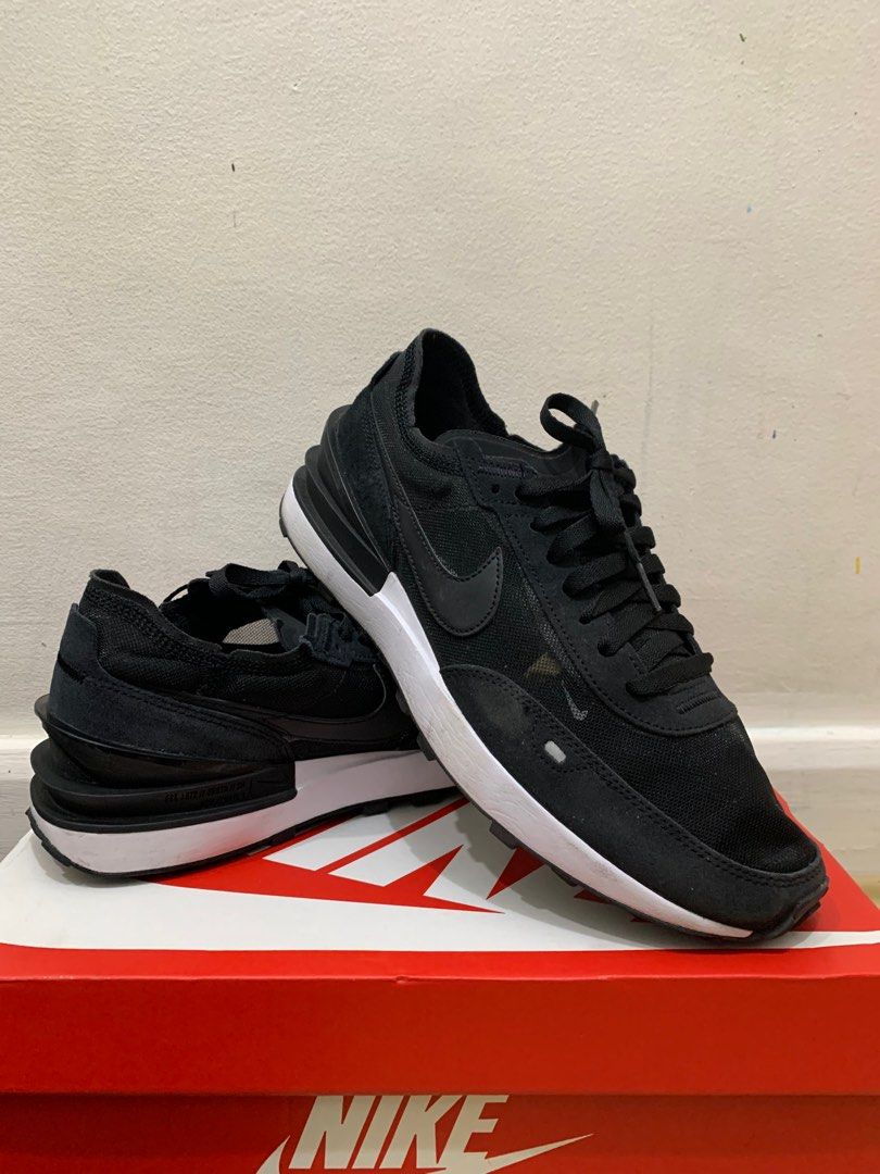 NIKE WAFFLE ONE (Category: Sneakers) located in Paranaque City. Submitted by ogs_augs (Listing ID 1219156377, Image 1). Description: Product Details - Best for lifestyle Multi tone logo embroidered sneakers with suede overlay - Textile and suede upper - Textile inner - Rubber outsole Read More Care label: Use soft cloth/brush to remove obvious dirt and dust. Color: Black/Black/White/Orange.