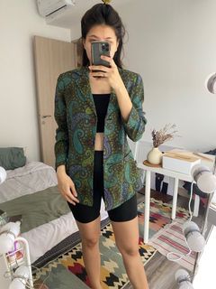 Premium long blazer batik hijau botol import korea brand bonjour / luaran outer formal kerja daily import green emerald batik