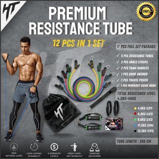 Premium Resistance Tube 12 Pcs in 1 Set Power Band Alat Fitness Portable Home Workout Gym Body Stretching Pull Up Elastis Home Yoga Olahraga Senam Aerobik