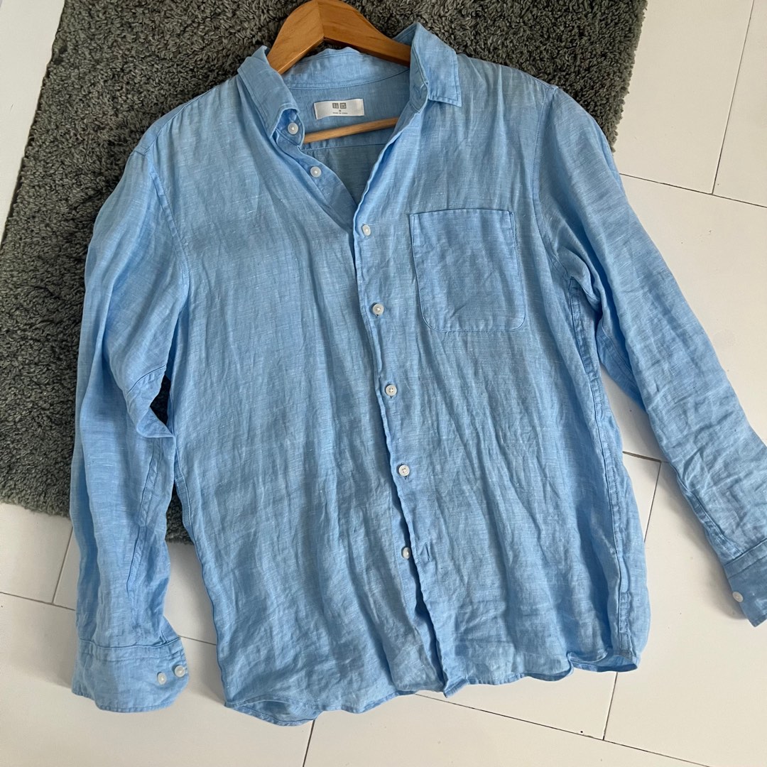 Pure Linen UNIQLO Sky/Light Blue Button Down Shirt on Carousell