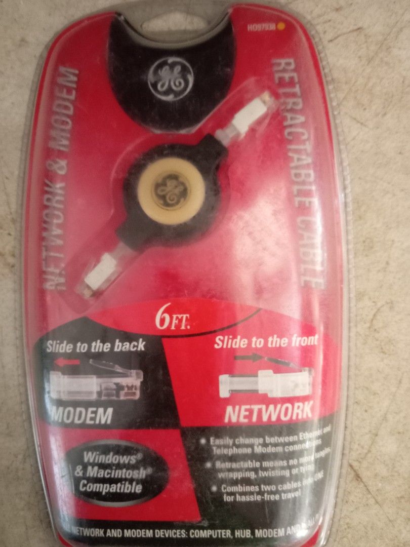 Retractable internet and modem cable by GE (Category: Cables & Adaptors) located in Dasmarinas. Submitted by d.lelis (Listing ID 1219049289, Image 3). Description: GE Retractable internet cable and modem compatible PC and Mac slide to back = modem slide to front = Internet , rj45 from Usa.