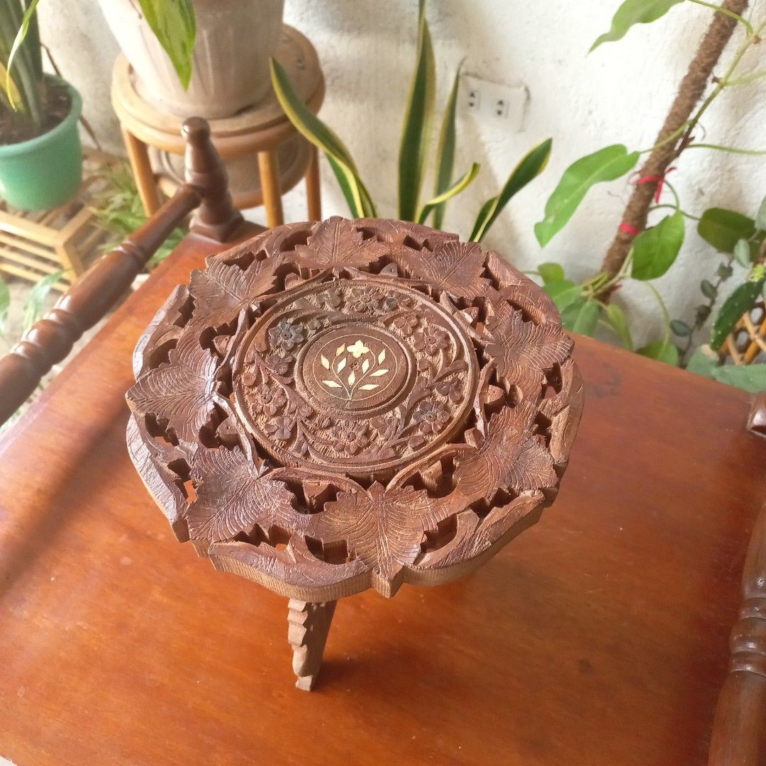 (Small) Vintage hand carved anglo-indian teak wood plant stand riser ...