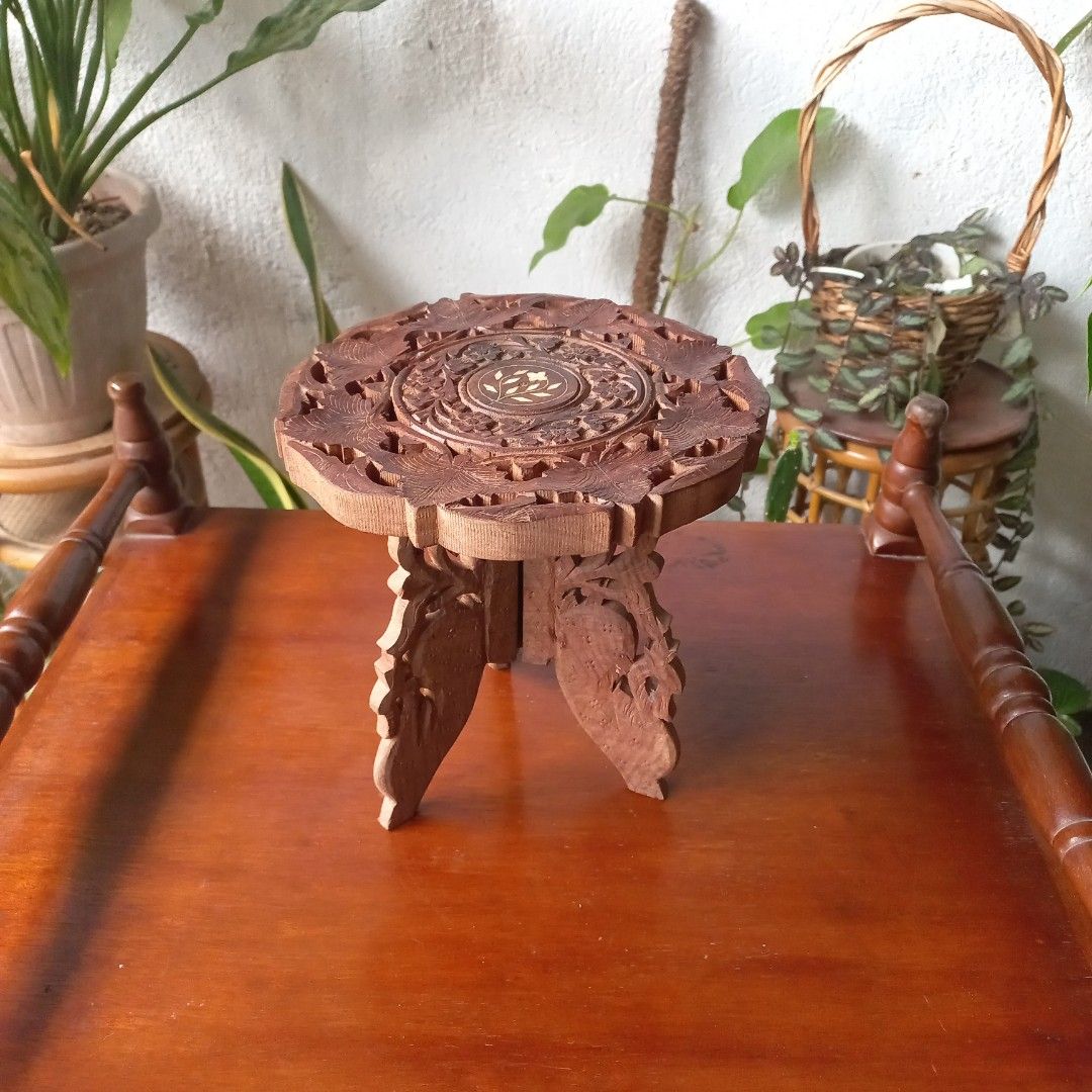 (Small) Vintage hand carved anglo-indian teak wood plant stand riser ...