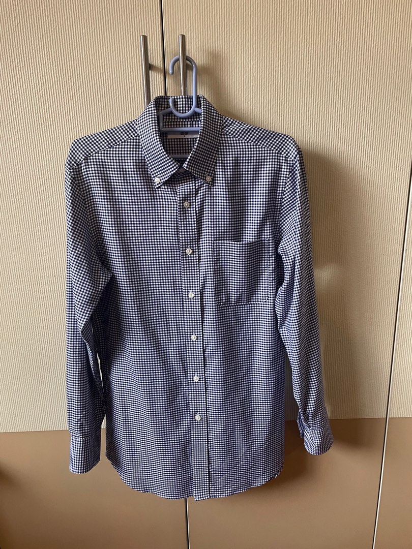 UNIQLO Checkered Blue and White Cotton Shirt, Men's Fashion, Tops ...