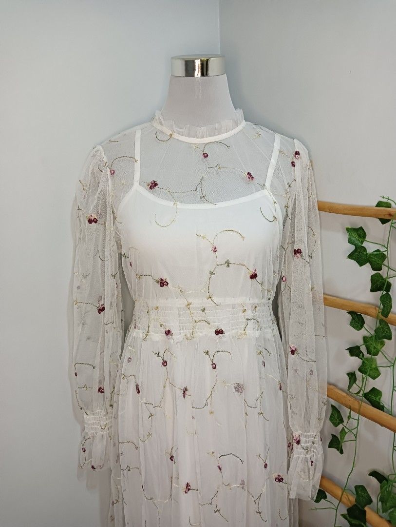 Flower embroidery mesh overlay maxi dress sale