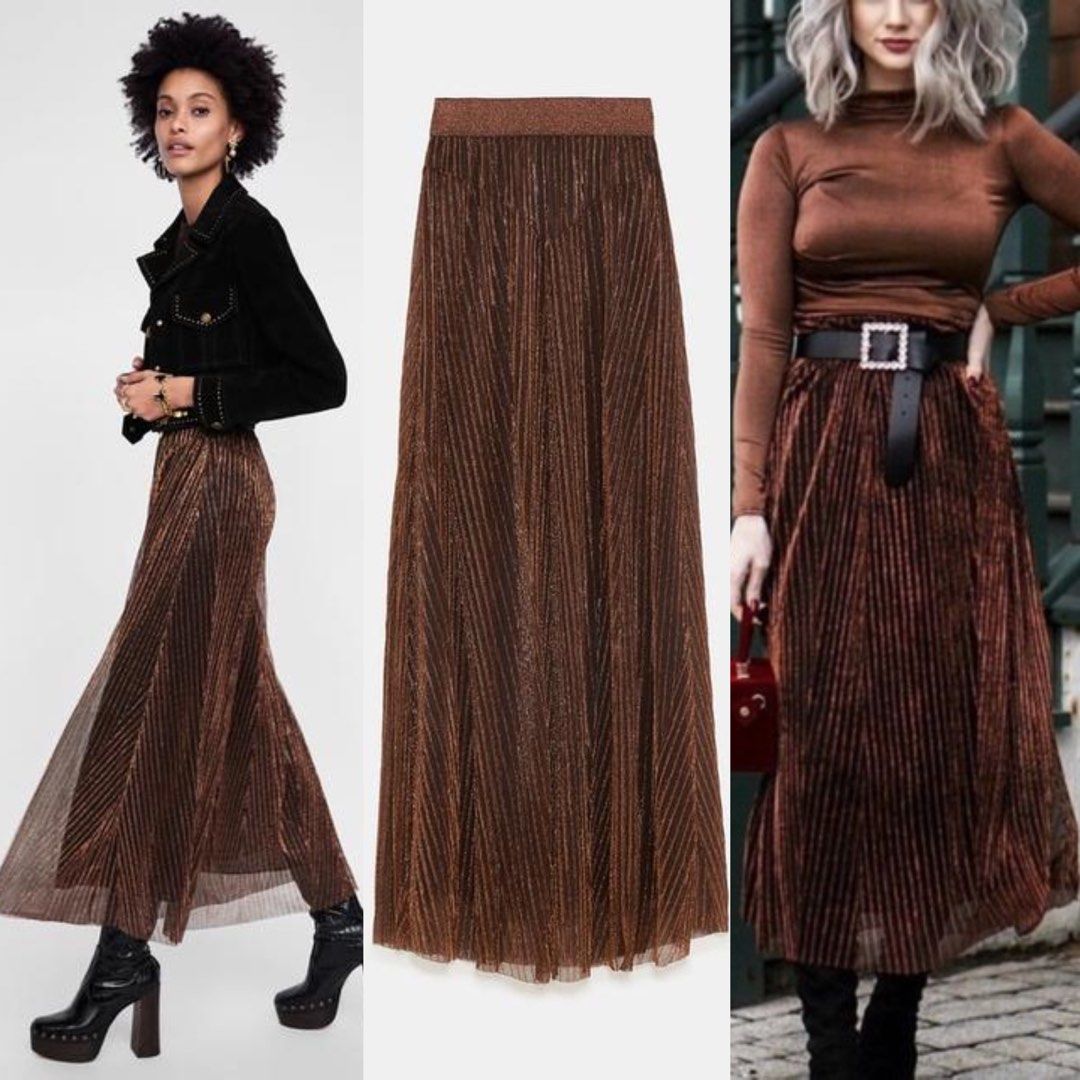 ZARA Bronze Skirt Metallic Maxi Pleated Brown Copper Glitter