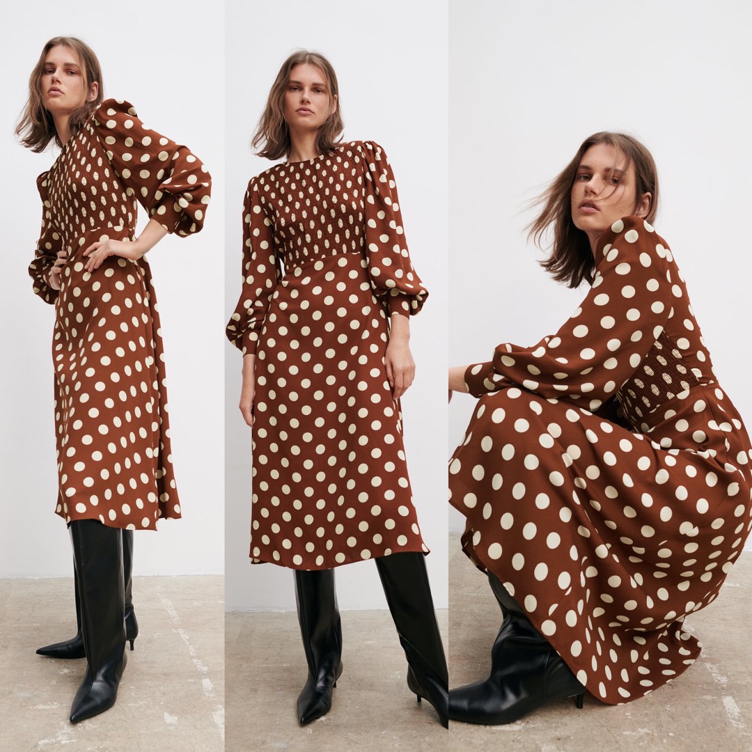 ZARA smocked front midi dress, Women's Fashion, Dresses & Sets, Dresses on Carousell