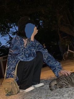 古著 深藍色 花襯 長袖 襯衫