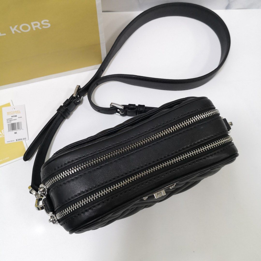 ? Authentic Michael Kors black quilted peyton camera leather bag, Women's  Fashion, Bags & Wallets, Cross-body Bags on Carousell