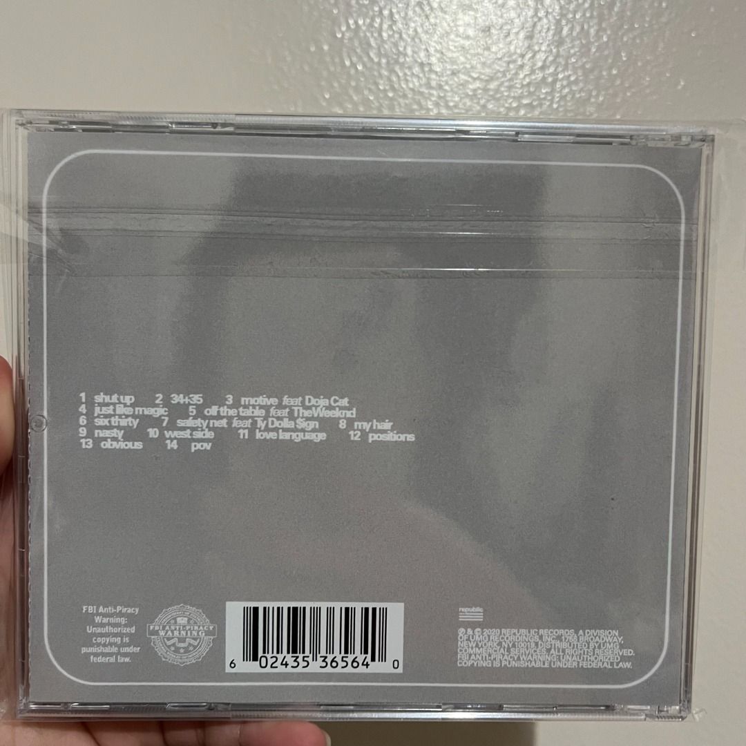 Ariana Grande - Positions Limited Edition 01 CD (Category: CDs & DVDs) located in Baguio. Submitted by howawell (Listing ID 1219290863, Image 2). Description: Positions Limited Edition 01 CD - Unsealed but never played - Contents checked and complete - Stored in a resealable CD sleeve - Message me for inquiries or additional photos Mode of Payment: GCash Mode of Delivery: J&T Express Price: ₱400 + local shipping fee.