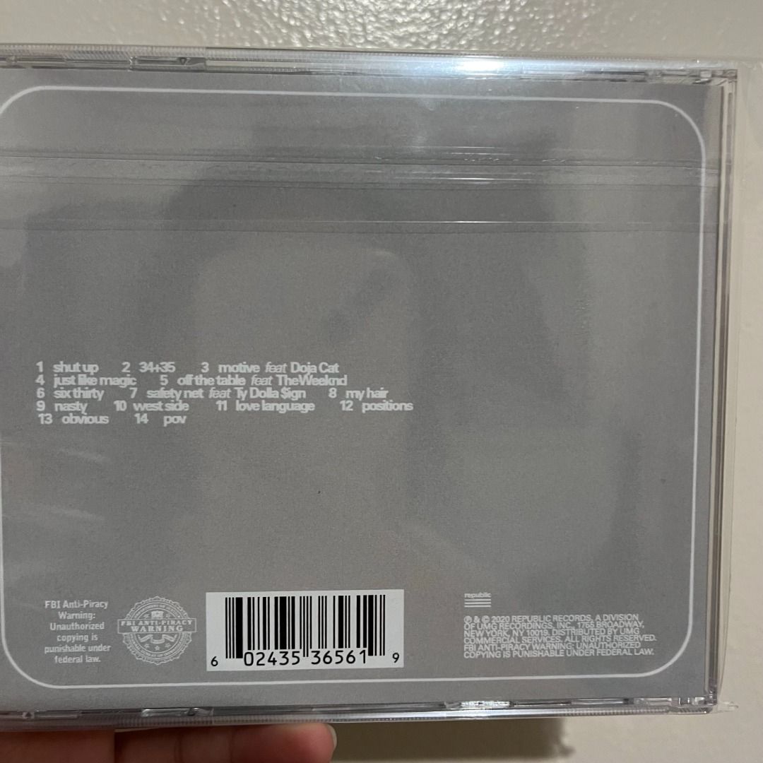 Ariana Grande - Positions Limited Edition 02 CD (Category: CDs & DVDs) located in Baguio. Submitted by howawell (Listing ID 1219291182, Image 2). Description: Positions Limited Edition 02 CD - Unsealed but never played - Contents checked and complete - Stored in a resealable CD sleeve - Message me for inquiries or additional photos Mode of Payment: GCash Mode of Delivery: J&T Express Price: ₱400 + local shipping fee.