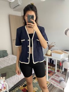 Atasan navy top biru dongker list white putih import korea brand Juno / premium crop top navy casual fashion premium
