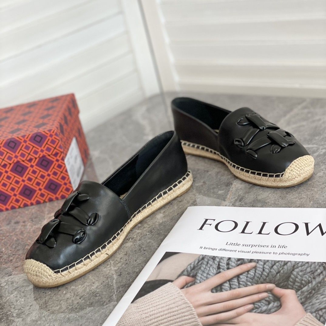 Authentic Tory Burch Woven Leather Double T Espadrilles Black