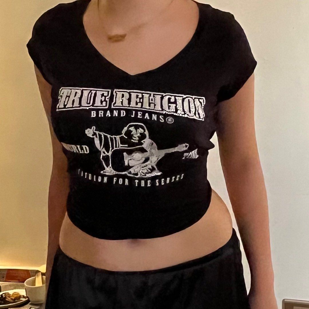 Authentic True Religion V-neck Top (Category: Shirts) located in Calamba. Submitted by fromynes (Listing ID 1219197362, Image 1). Description: 💌 @fromynes on ig thrifted, expect missing rhinestones wash tag still intact very comfy to wear small-medium shopee checkout available!.