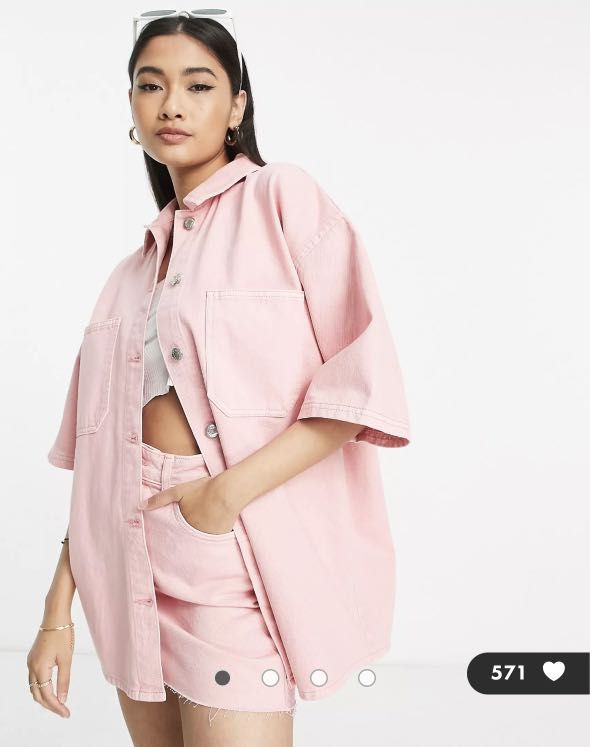 Baby pink denim co-ord oversized shacket mini skirt, Women's