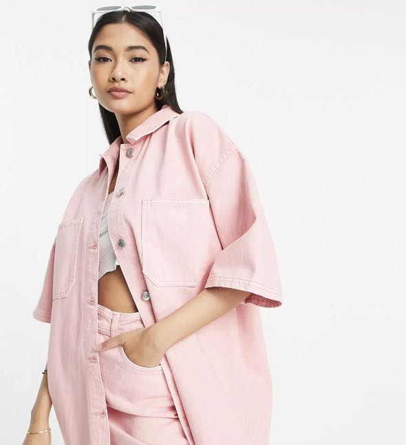 Baby pink denim co ord oversized shacket mini skirt Women s