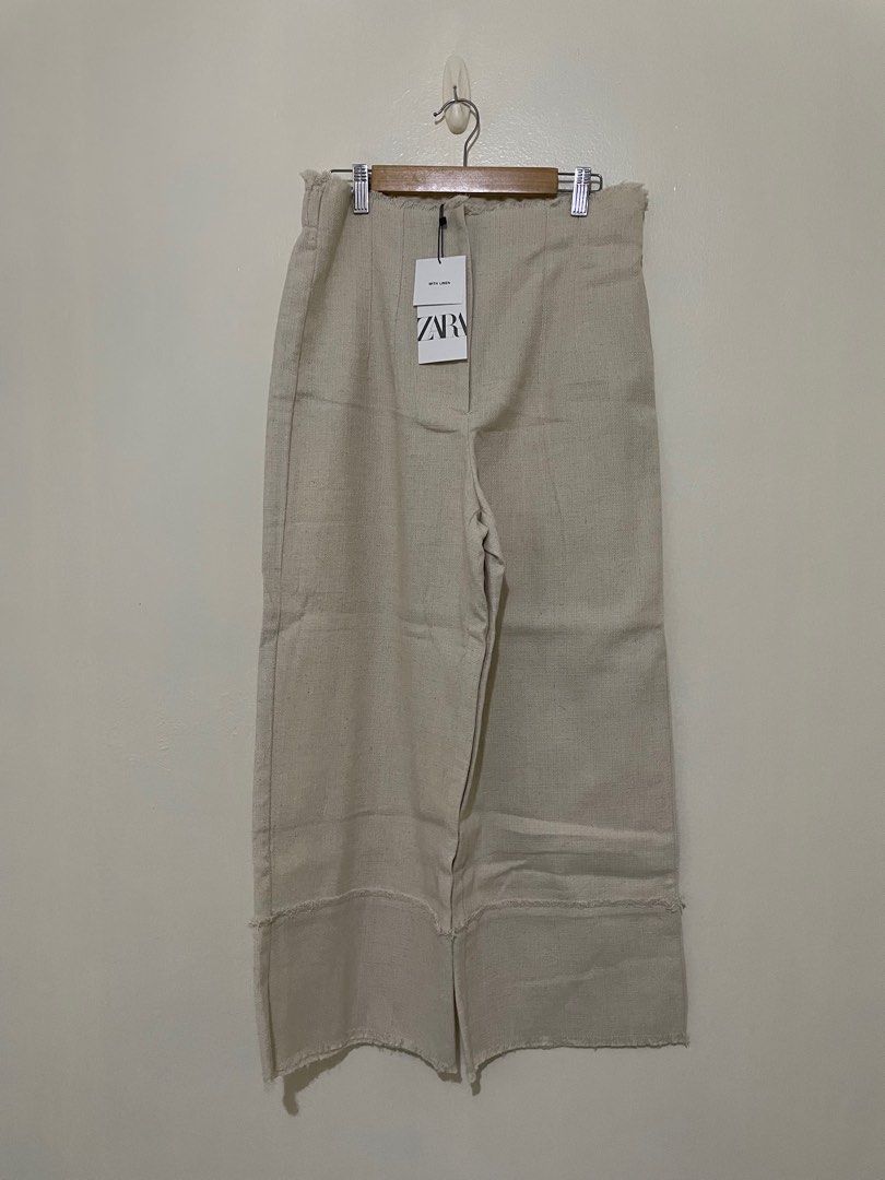 BNWT Zara rustic frayed trousers with linen, Women's Fashion, Bottoms,  Other Bottoms on Carousell