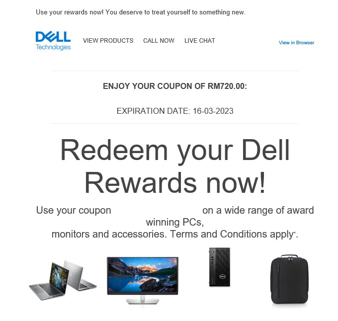 Dell Coupon of up to RM 720, Tickets & Vouchers, Vouchers on Carousell