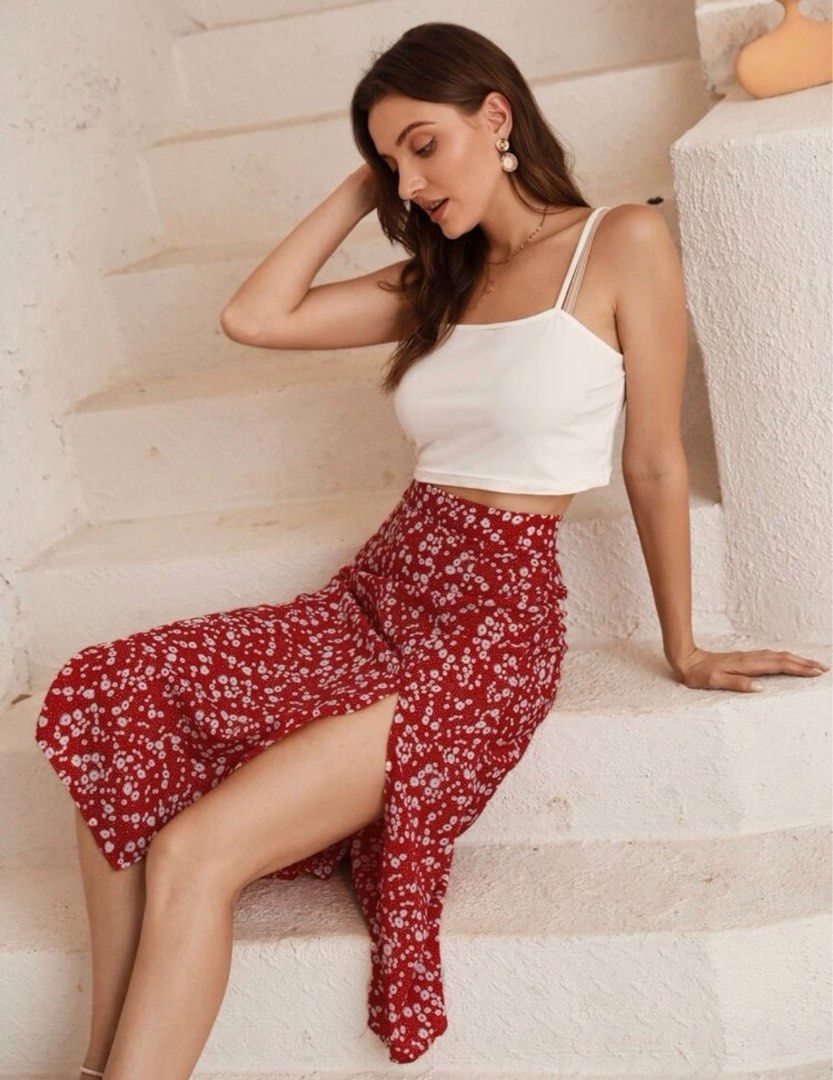 Floral Split Thigh Midi Skirt Women s Fashion Bottoms Skirts on Carousell