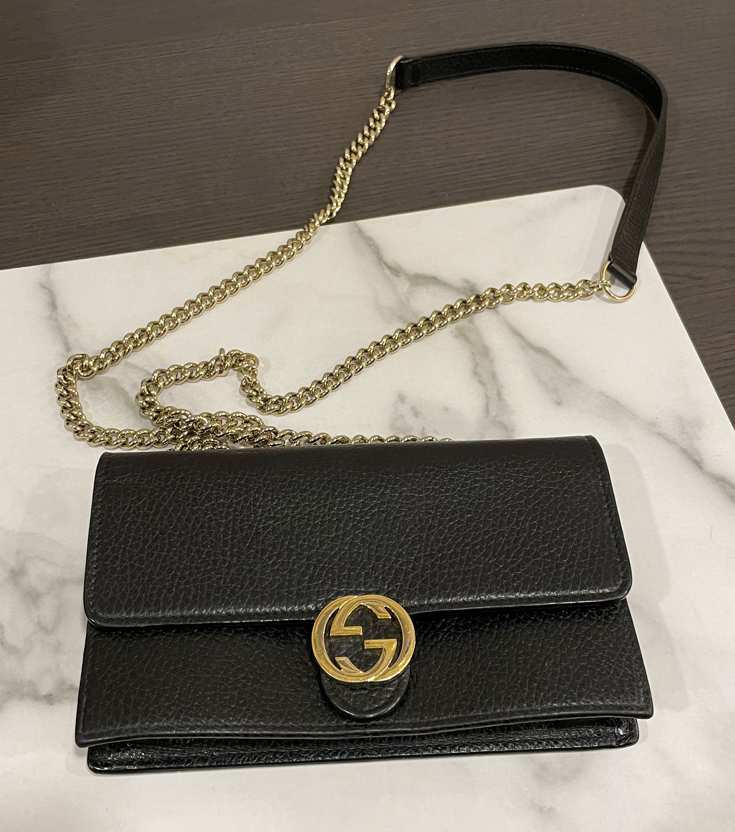 [Gucci] Icon GG Interlocking Wallet On Chain Crossbody Bag Black