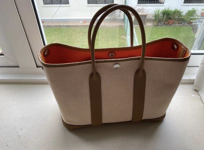 Hermes Garden Party 30 In Ecru Canvas And Apricot Negonda Leather