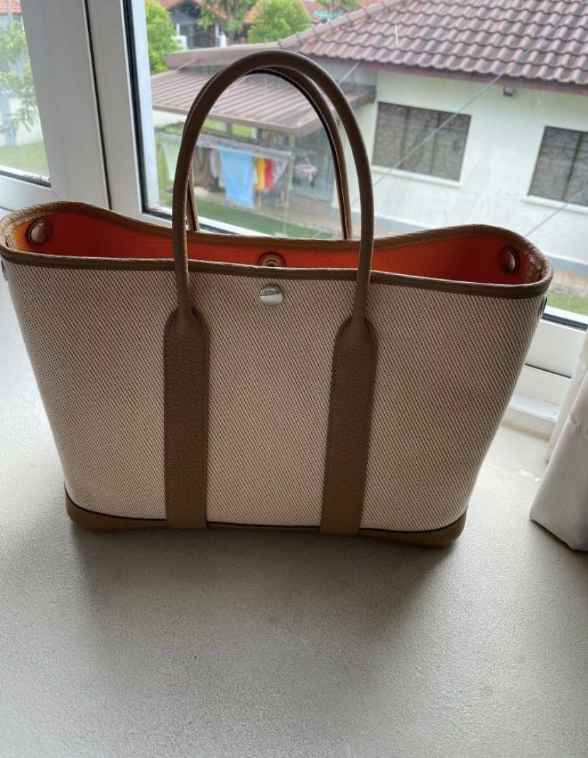 Hermes Garden Party 30 In Ecru Canvas and Abricot Negonda Leather