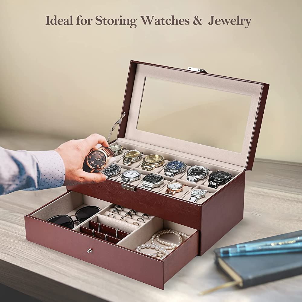 instock ProCase 12 Slots Watch Box Organizer for Men Mens Watches Display Case Personalized Jewelry Storage Box Holder with Drawer for Cufflinks Sunglasses Rings Necklaces and Other Jewellery Brown M...