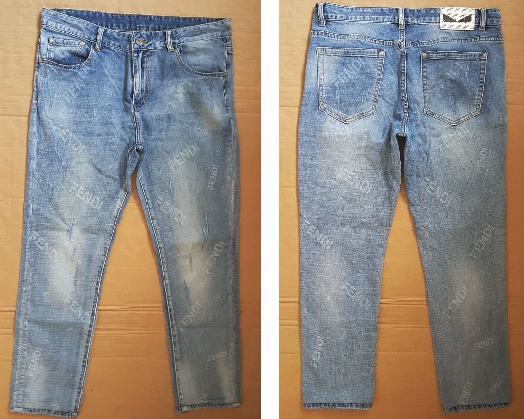Luxury Fendi Fashion House ITALY Designer Denim Jeans Size 35 In Vogue Fendi Print on Denim Seasoned Distressed Look Original Apparels Street