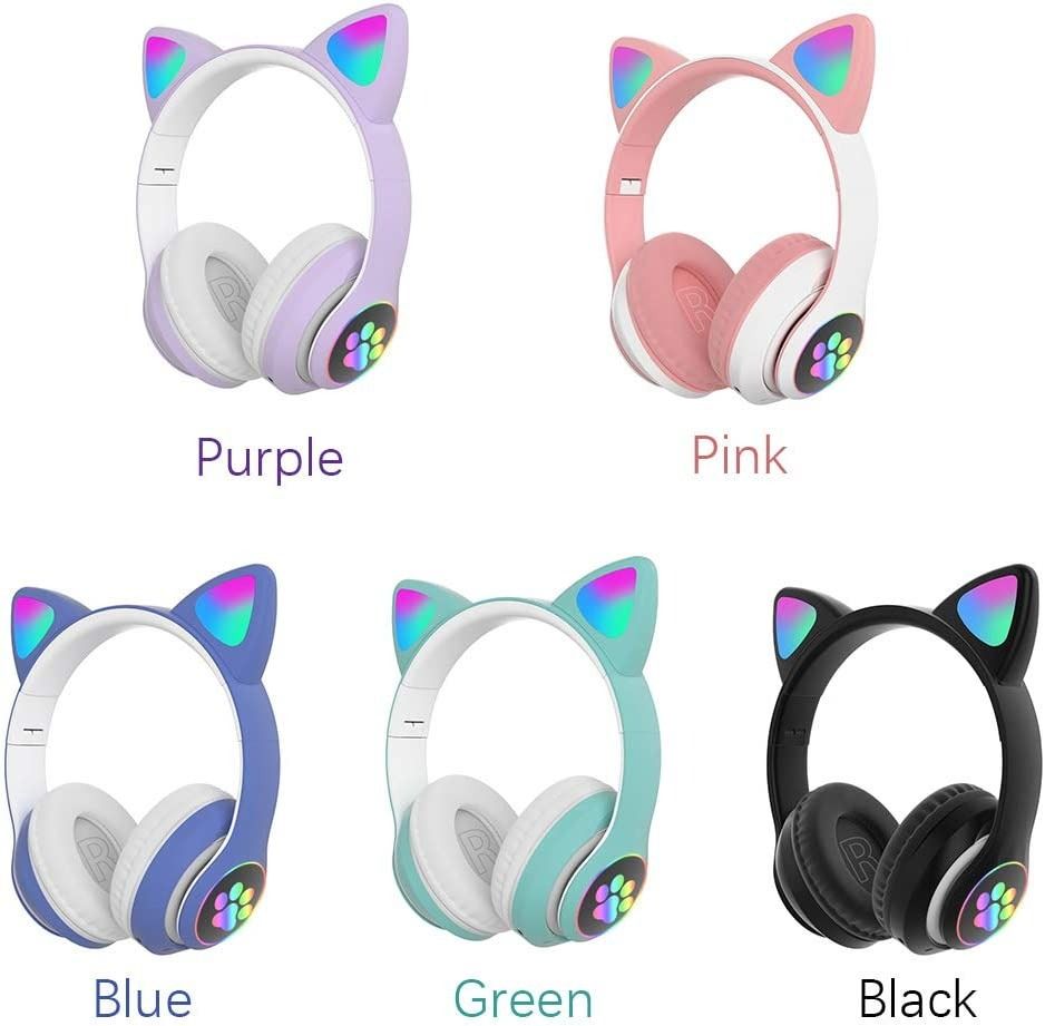 LVOERTUIG Gaming Headset Fashion Bluetooth 5.0 Kids Adult Cat Ear LED Light  Up Wireless Gaming Headset Foldable and Stretchable Reduction Headphones
