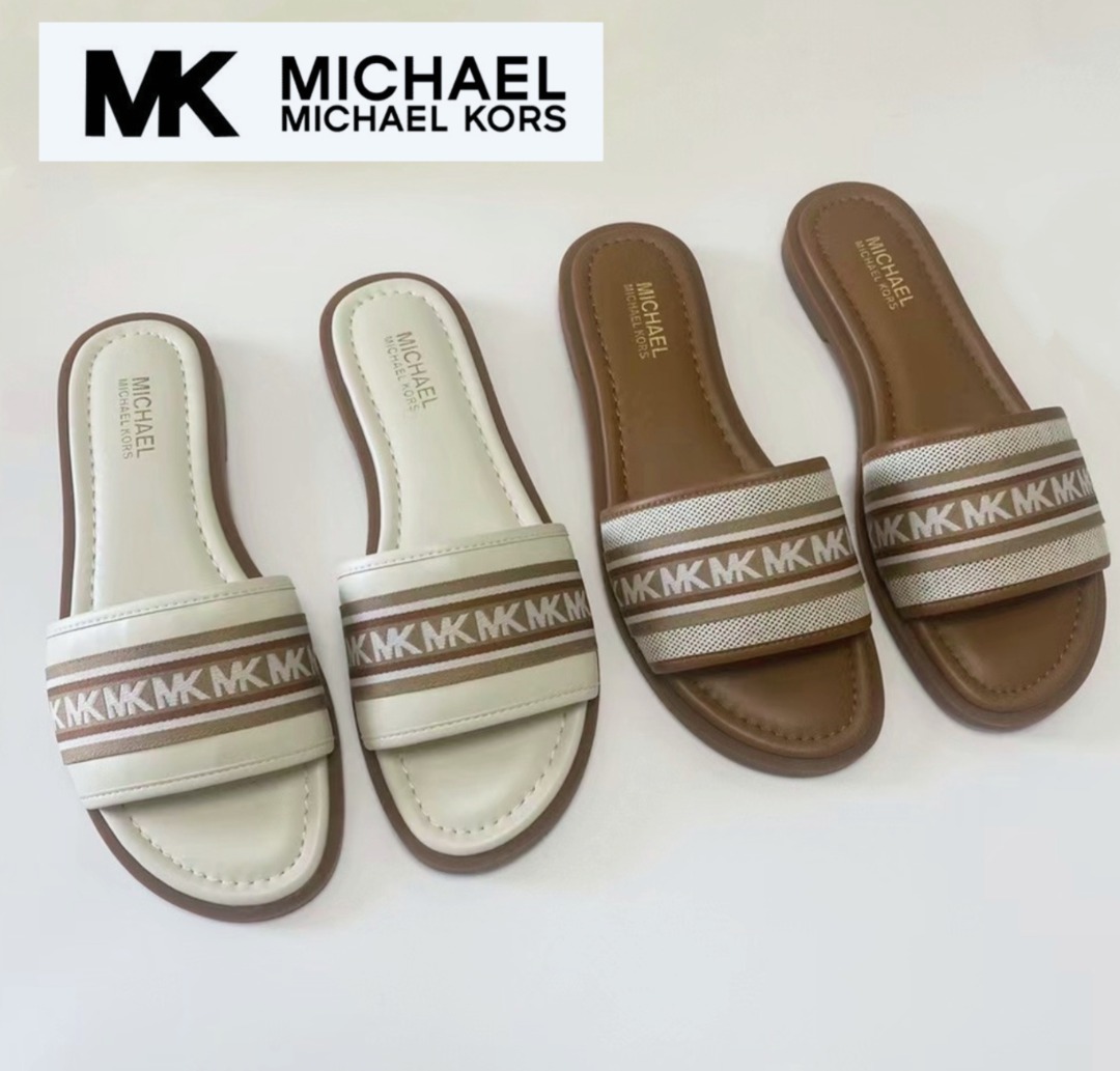 New Michael Kors Original Brown Ivory White CASSANDRA STRIPE SLIDE CANVAS Sandals For Women Come With Complete Set Suitable for Gift