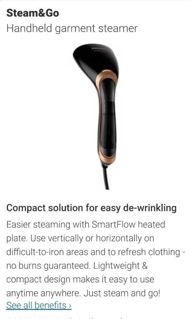 PHILIPS GC362 STEAM & GO PLUS HANDHELD GARMENT STEAMER IRON 1300W, TV