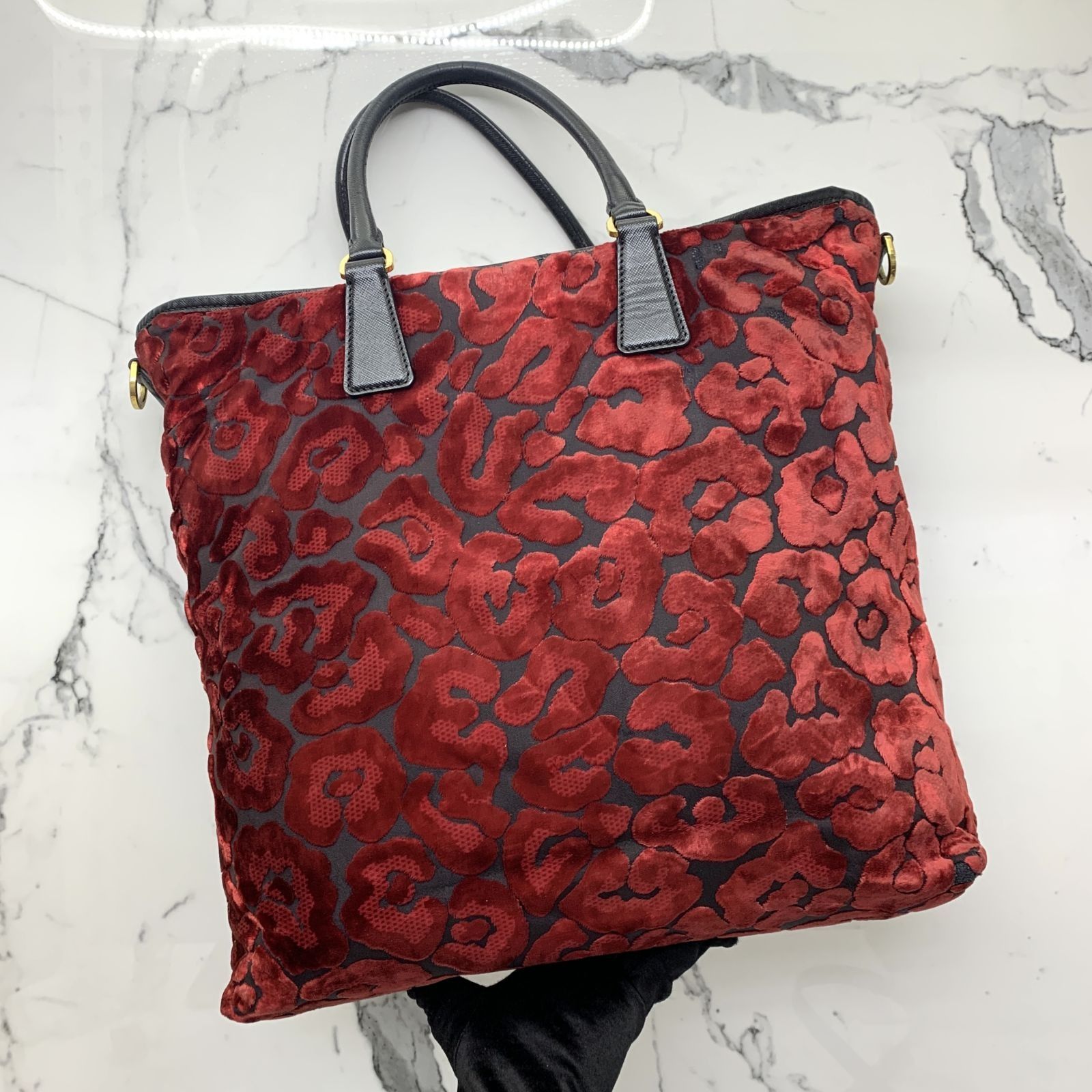 PRADA RED AND BLACK SAFFIANO VELVET VELOUR 2 WAY TOTE BAG 
