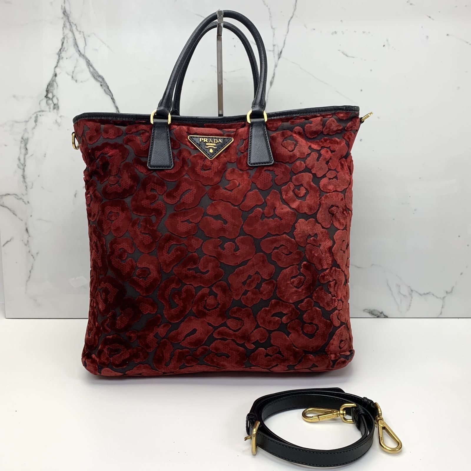 PRADA RED AND BLACK SAFFIANO VELVET VELOUR 2 WAY TOTE BAG 