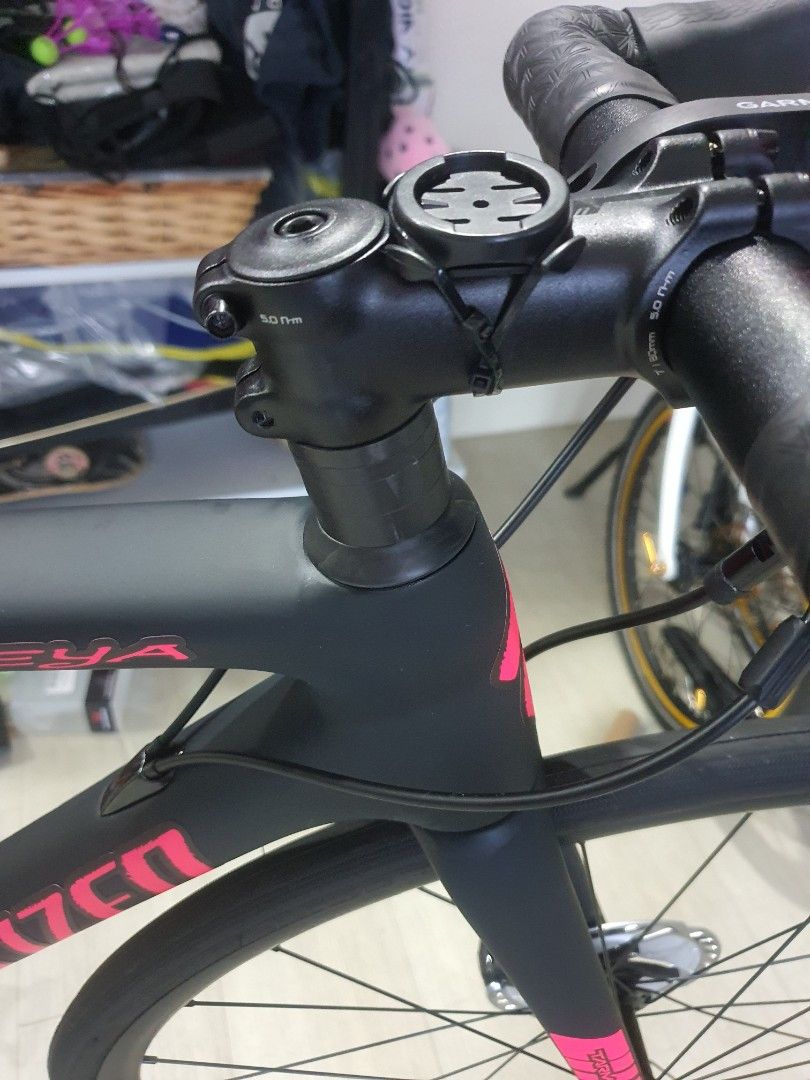 Specialized tarmac sl6 comp (Category: Bicycles) located in Singapore. Submitted by babyjtpl (Listing ID 1219339149, Image 3). Description: size49 1year old tarmac sl6 comp with hot pink decals (sticker still in gd condition but can be self removed to become stock again) stock trainer wheels mechanical ultegra groupset cicliovation bartape prime aero carbon handlebar pedals n accessories not included.