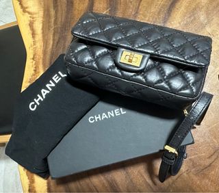 Used Chanel 2.55 Black Gold Waist Bag Belt Bumbag, Luxury, Bags & Wallets  on Carousell