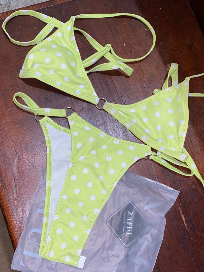 Zaful Polka Dot Bikini Two Piece Apple Green (Category: Bikinis & Swimsuits) located in Batangas. Submitted by masmntha (Listing ID 1219340927, Image 2). Description: - Self tie lock - Underwear is high-waist - Super cute color - Brand New - Small - Medium sized girlies!.