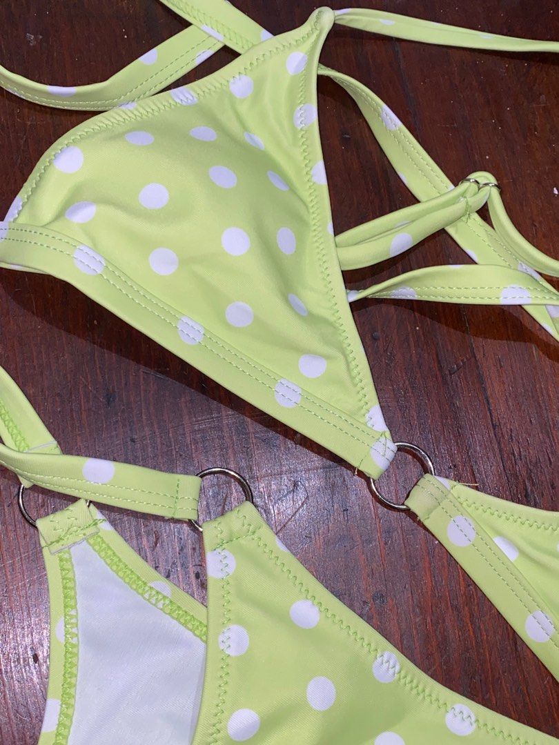 Zaful Polka Dot Bikini Two Piece Apple Green (Category: Bikinis & Swimsuits) located in Batangas. Submitted by masmntha (Listing ID 1219340927, Image 3). Description: - Self tie lock - Underwear is high-waist - Super cute color - Brand New - Small - Medium sized girlies!.
